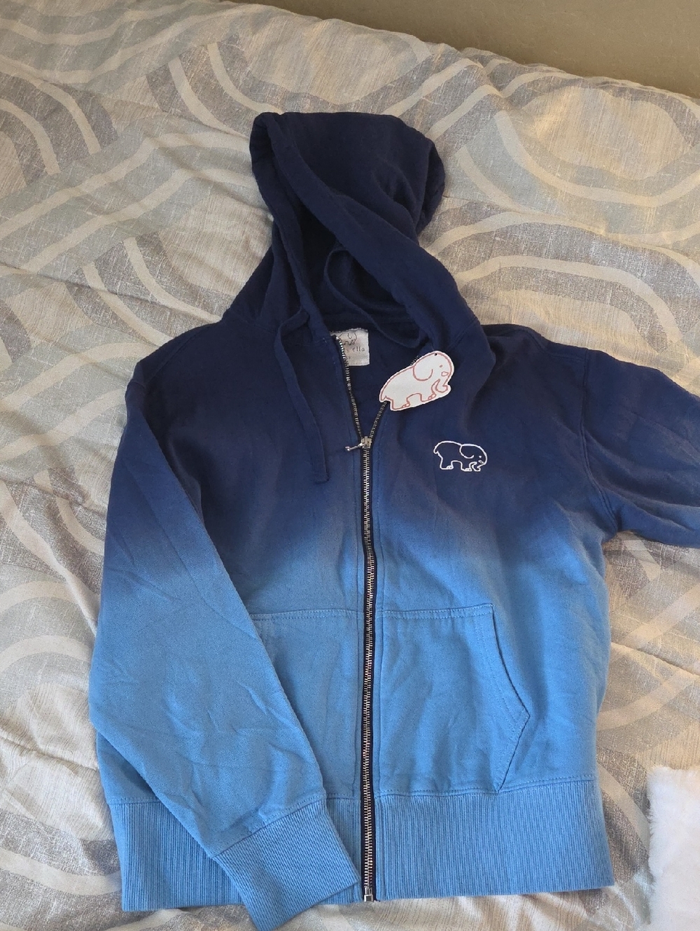 ivory ella navy to light blue ombre zip hoodie with elephant logo